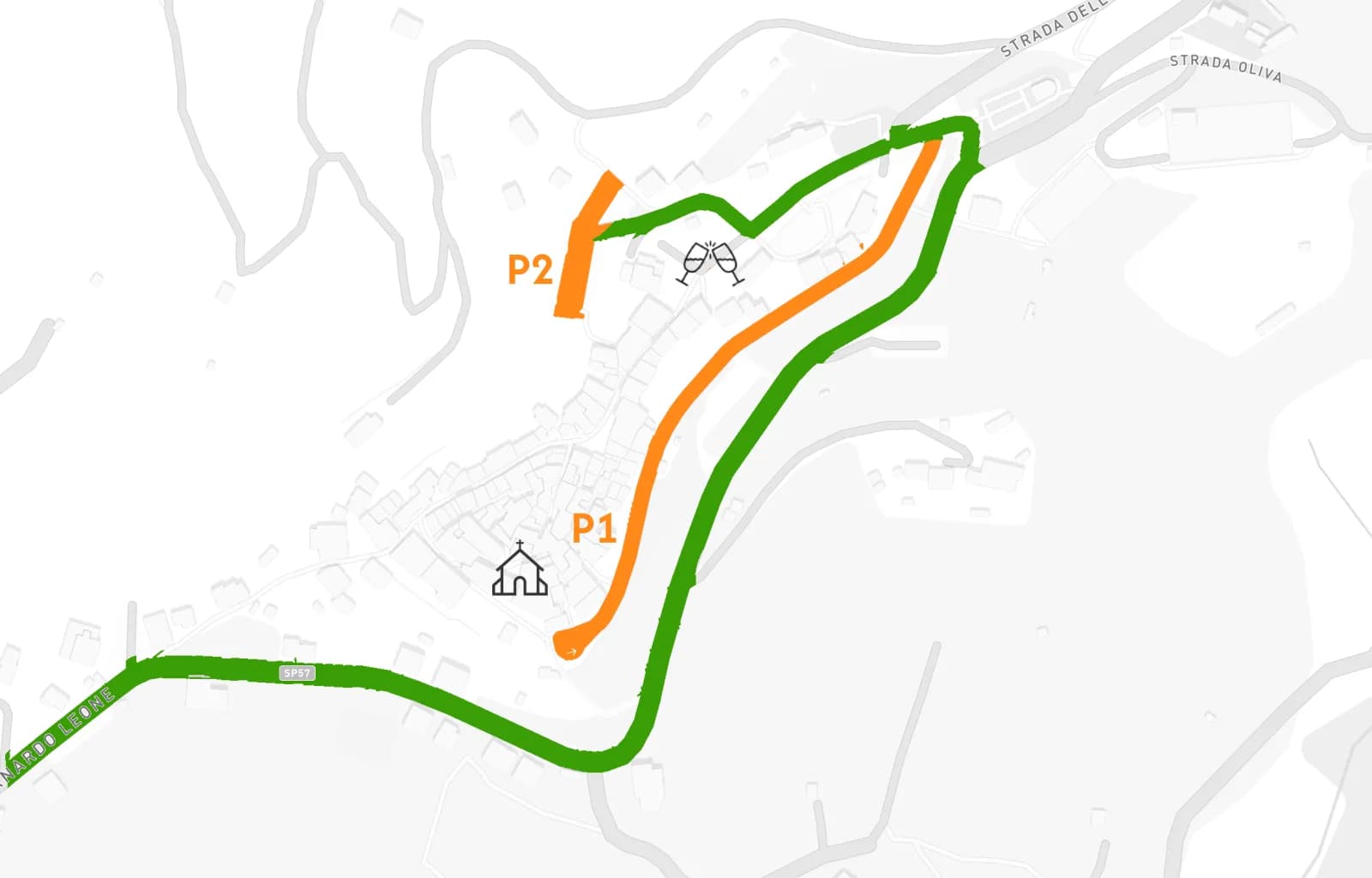 Mappa di Seborga con la strada da percorrere in verde e i parcheggi P1 (Via della Zecca) e P2 (sotto la piazza) in arancione